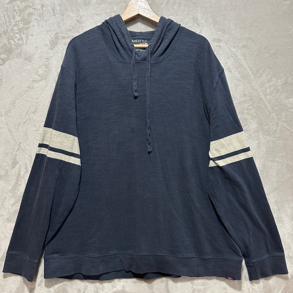 Faherty Hoodie Mens 2XL Sunwashed Organic Cotton Slub Knit Pullover Blue Striped